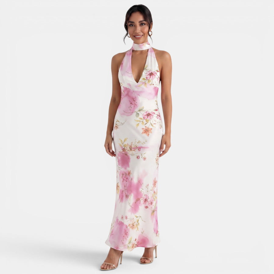 Vestido Halter Floral Espalda Descubierta