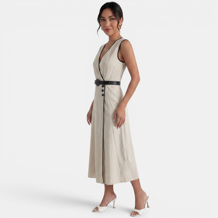 Vestido Midi Beige Elegante Cinturón