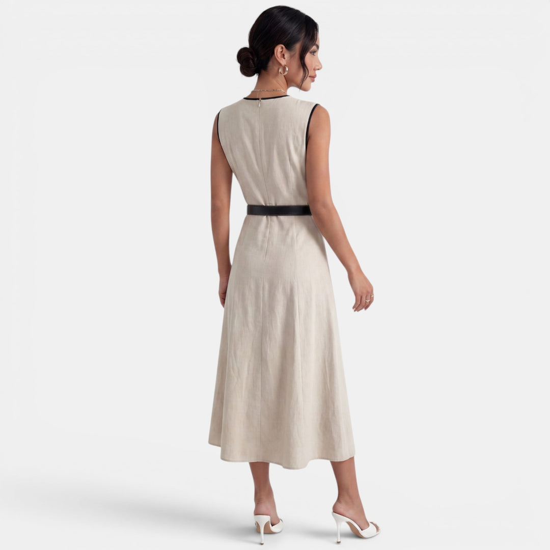 Vestido Midi Beige Elegante Cinturón