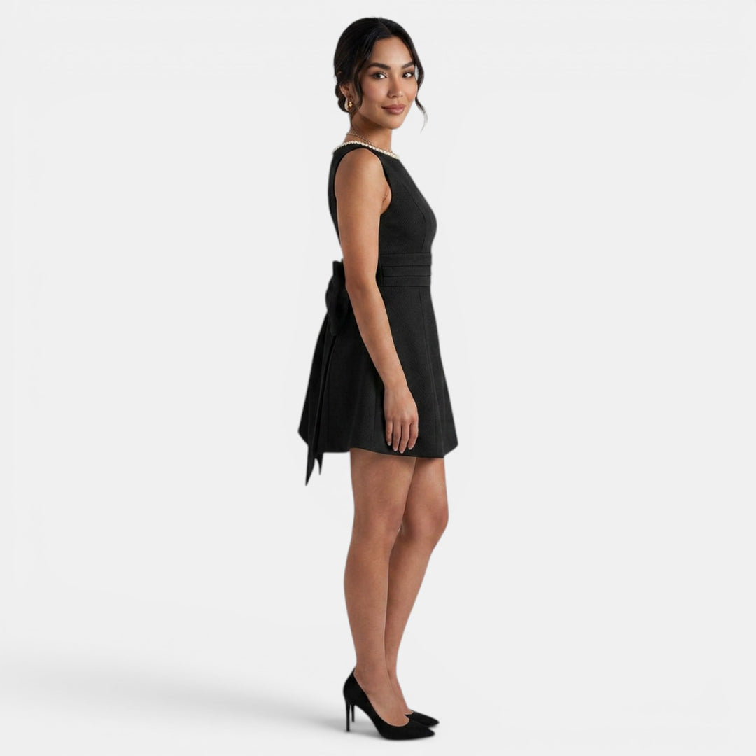 Vestido Corto Mujer Verano Lazo Grande y Perlas