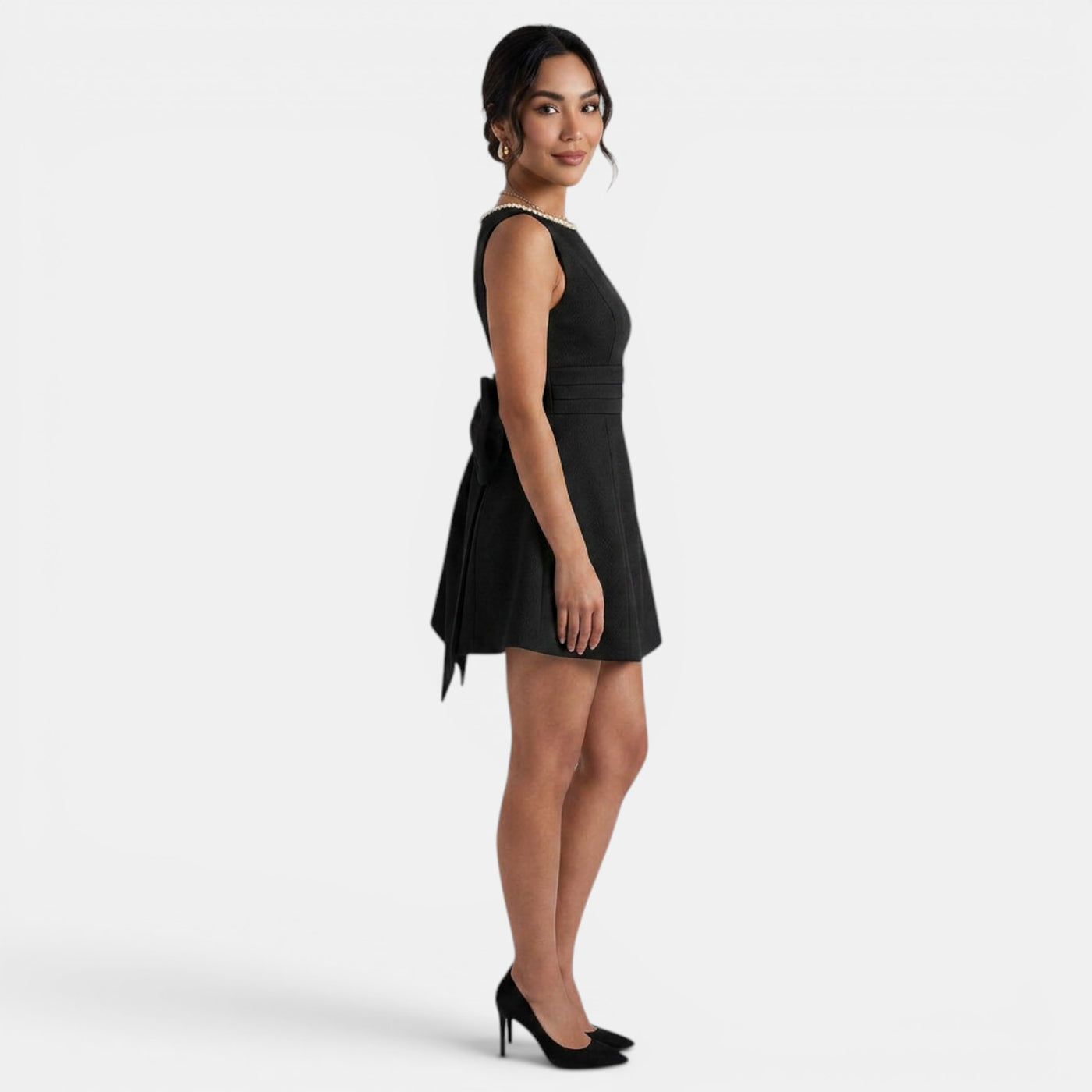 Women's Summer Short Dress with Large Bow and Pearls