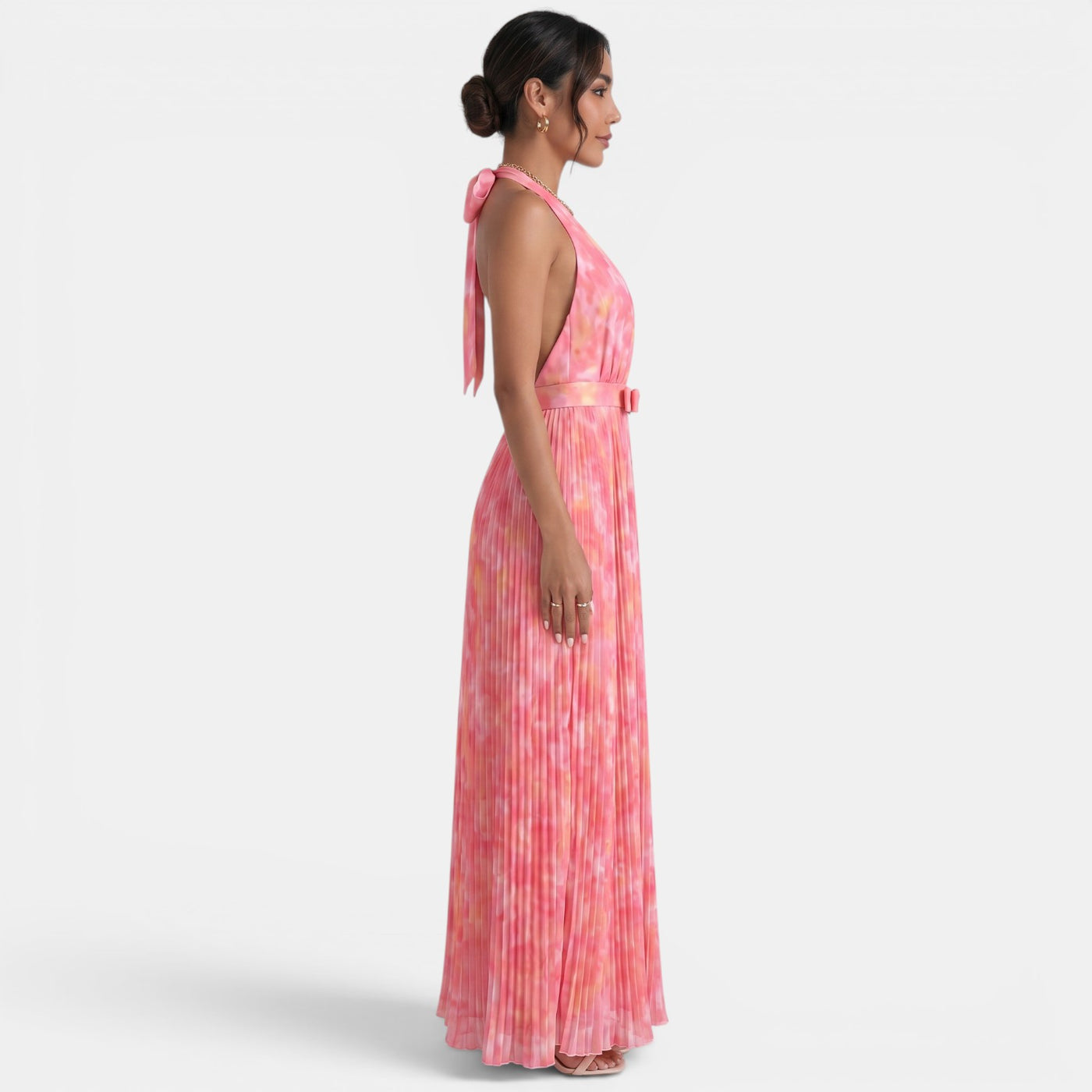 Pleated Pink Halter Maxi Dress