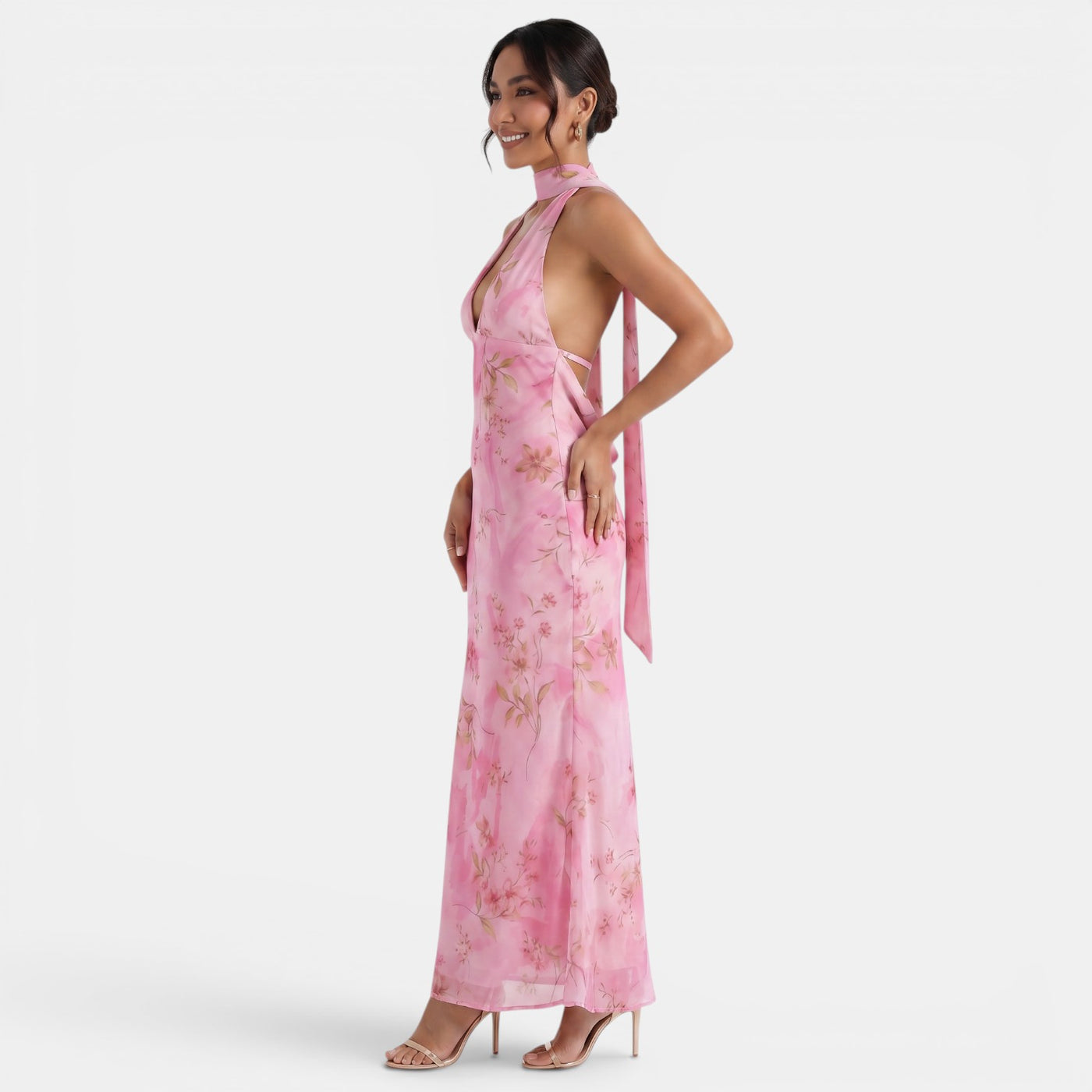 Backless Floral Halter Dress