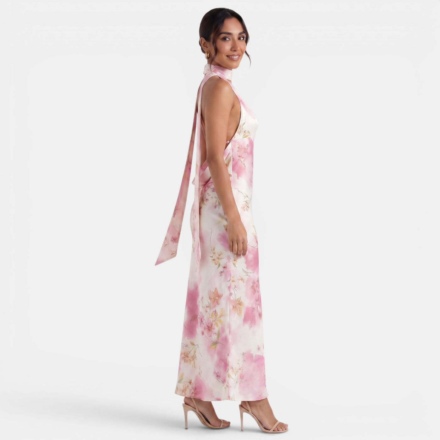 Backless Floral Halter Dress