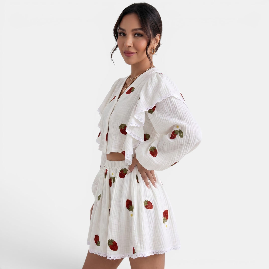 Conjunto Mujer Blanco Verano Fresas Lino