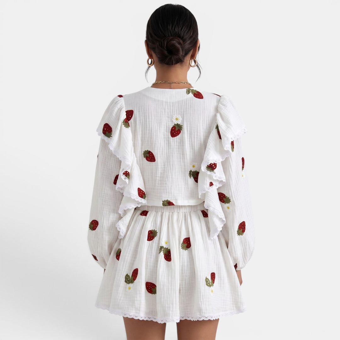 Conjunto Mujer Blanco Verano Fresas Lino