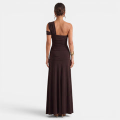 Women's Brown Bodycon Maxi Dress - Pleated, Thin Straps