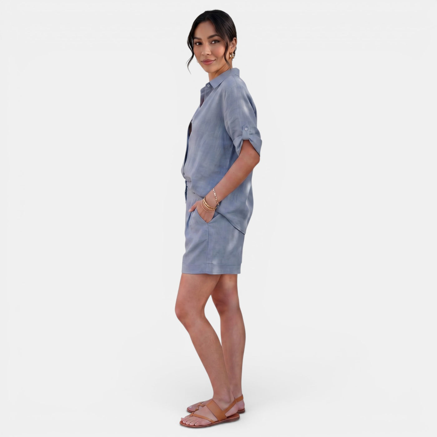 Women's Linen Cotton Half Sleeve Shirt Set