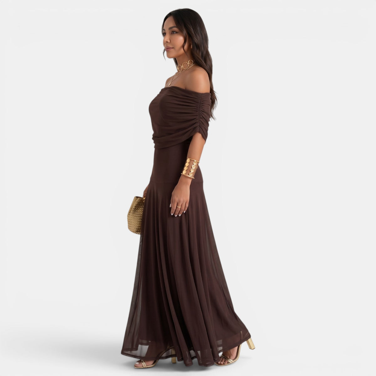 Women's Brown One-Shoulder Pleated Maxi Dress - Tulle Details