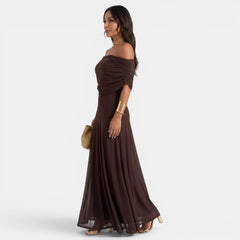 Women's Brown One-Shoulder Pleated Maxi Dress - Tulle Details