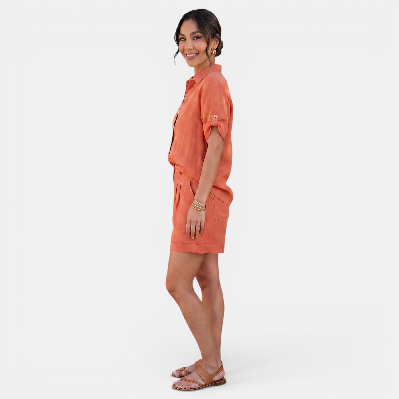 Women's Linen Cotton Half Sleeve Shirt Set