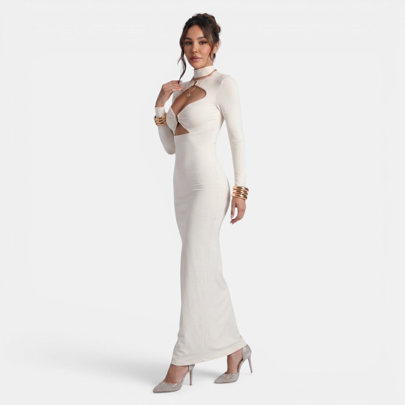 Vestido Largo Ajustado Mujer Elegante Cut Out de Color Liso