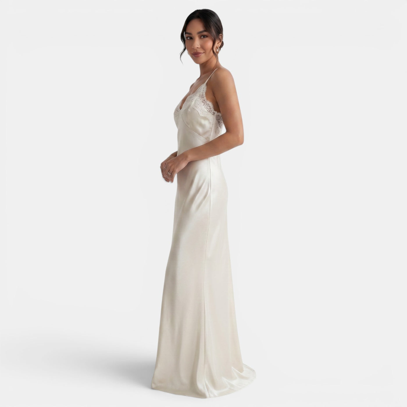 Vestido Satén Largo Encaje V
