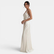 Vestido Satén Largo Encaje V