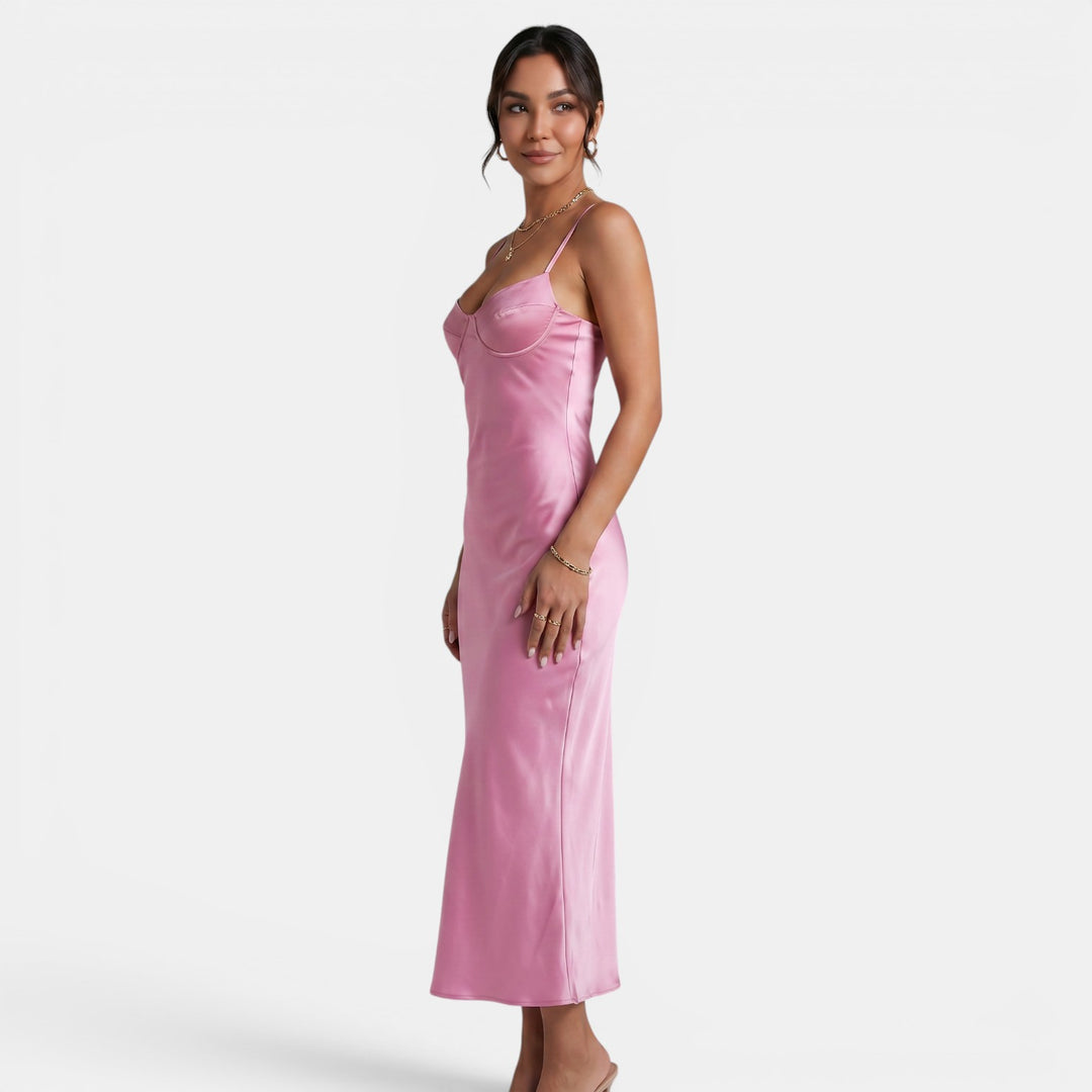 Vestido Largo Satén Rosa Mujer