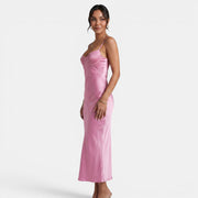 Vestido Largo Satén Rosa Mujer