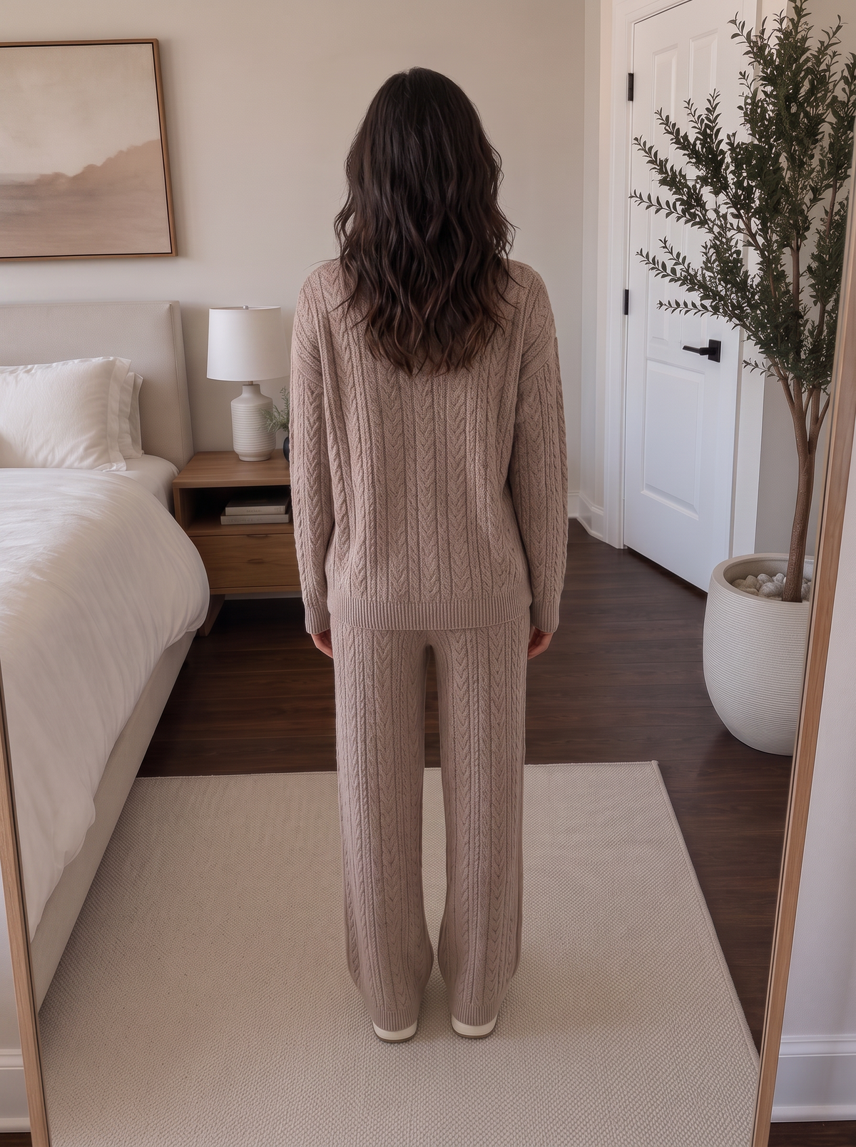 Conjunto Mujer de Punto 2 Piezas con Jersey Trenzado y Pantalón Ancho