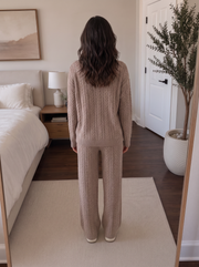Conjunto Mujer de Punto 2 Piezas con Jersey Trenzado y Pantalón Ancho