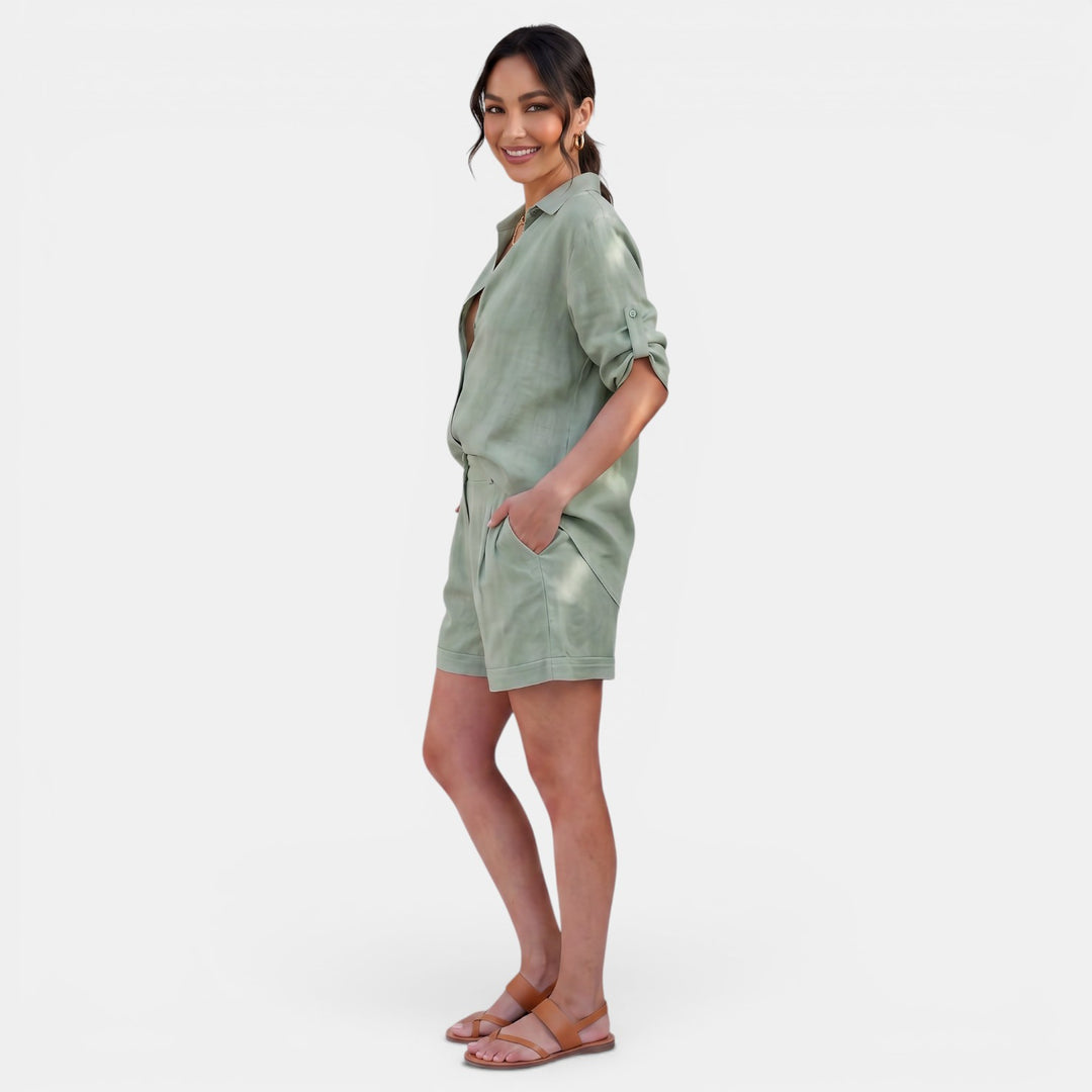 Conjunto Mujer Camisa Lino Algodón Manga Media