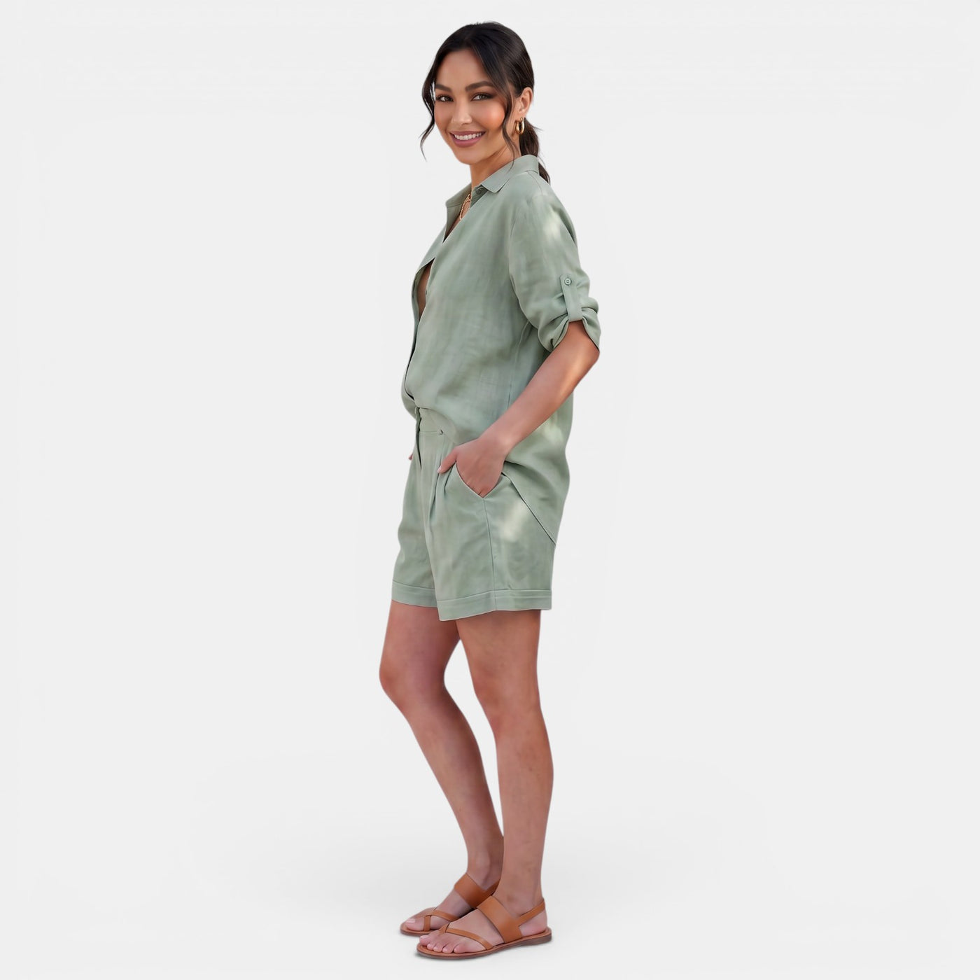 Women's Linen Cotton Half Sleeve Shirt Set