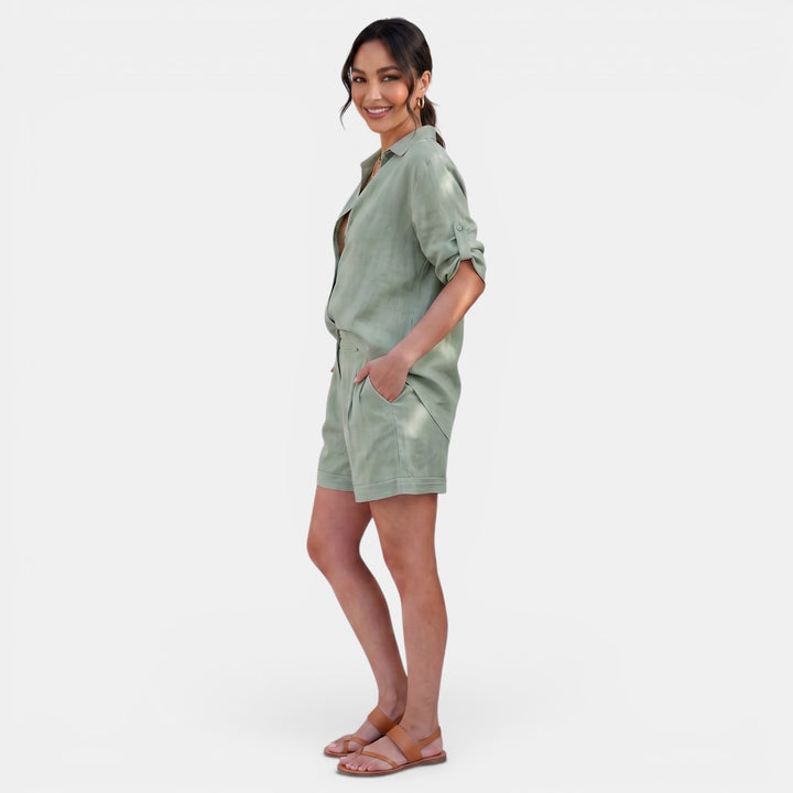 Conjunto Mujer Camisa Lino Algodón Manga Media