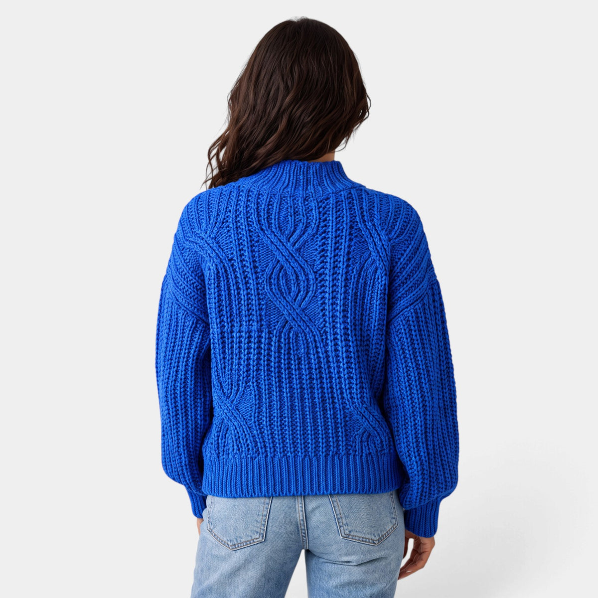 Women's Oversized Cable-Knit Turtleneck Sweater with Balloon Sleeves