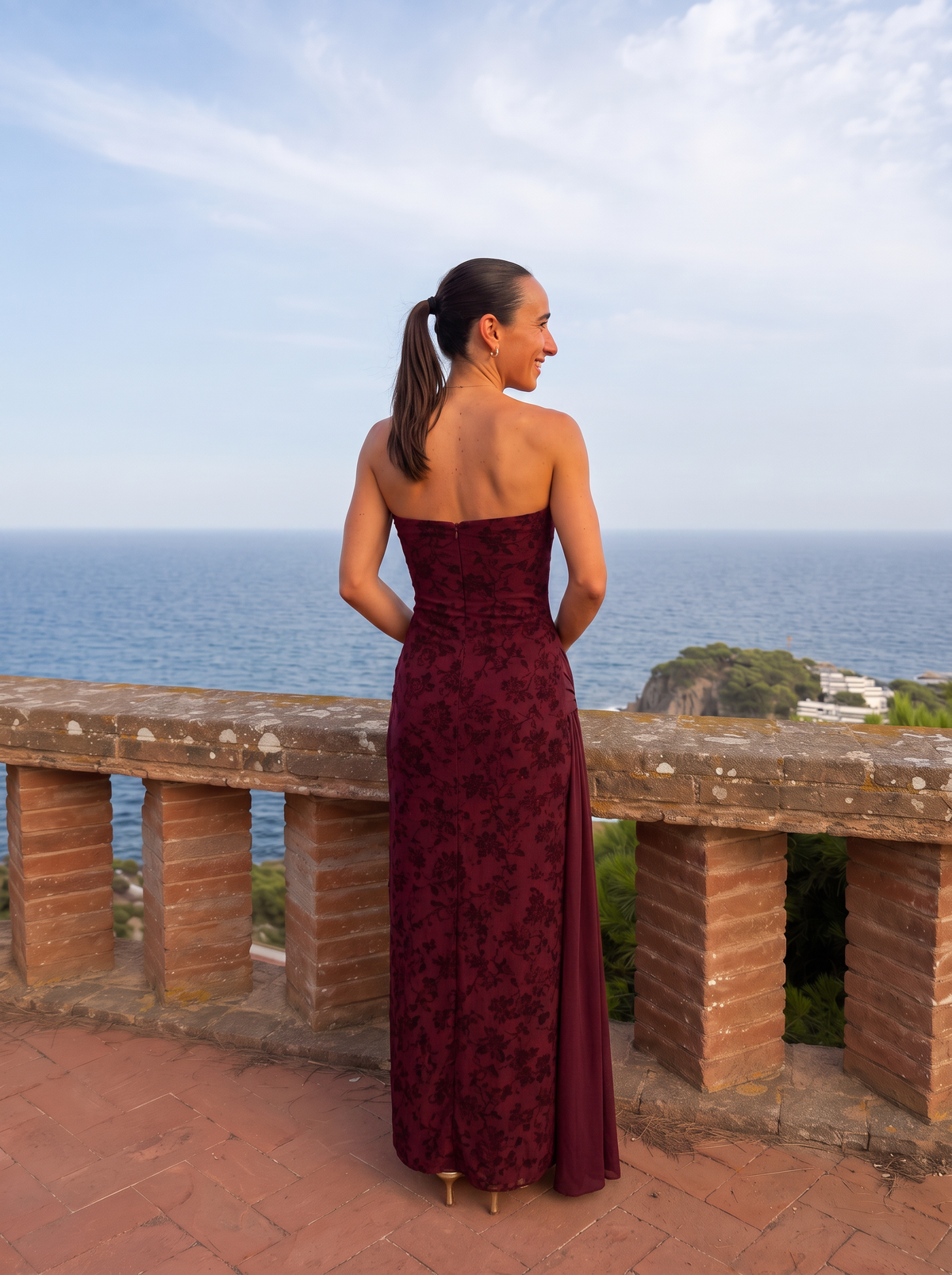 Vestido Largo Mujer Floral Burdeos de Tul para Bodas