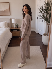 Conjunto Mujer de Punto 2 Piezas con Jersey Trenzado y Pantalón Ancho