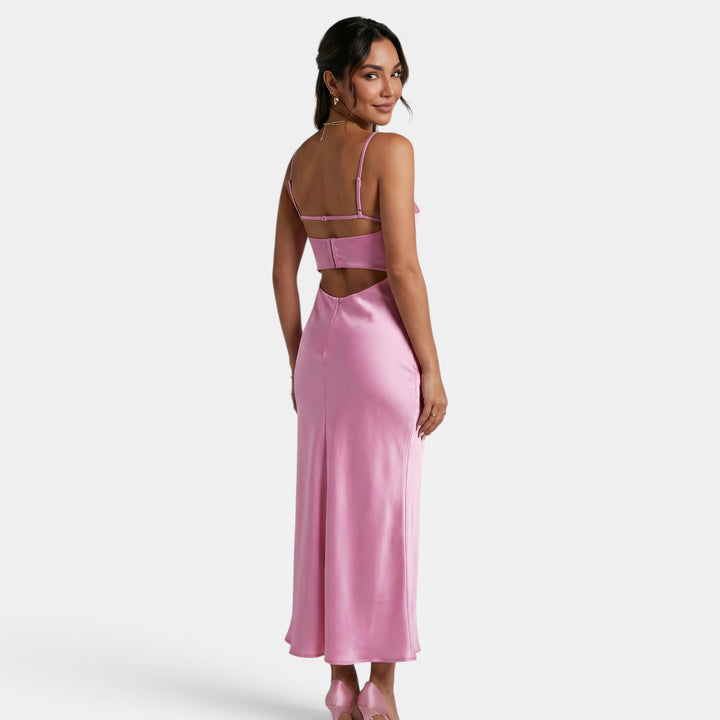 Vestido Largo Satén Rosa Mujer