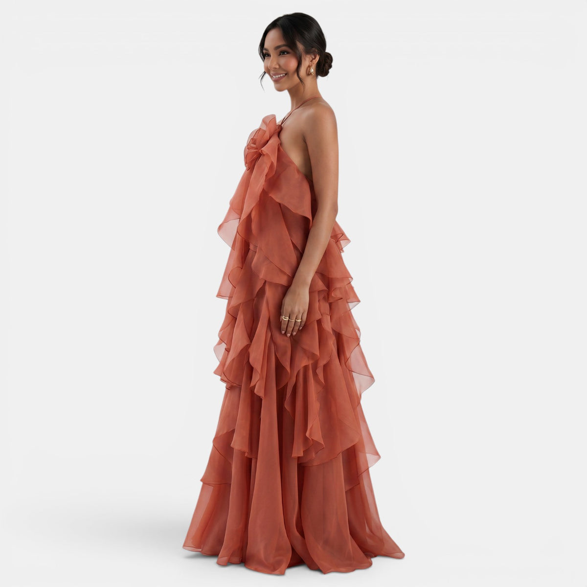 Women's Red Halter Maxi Dress - Open Back, Floral Detail, Ruffles