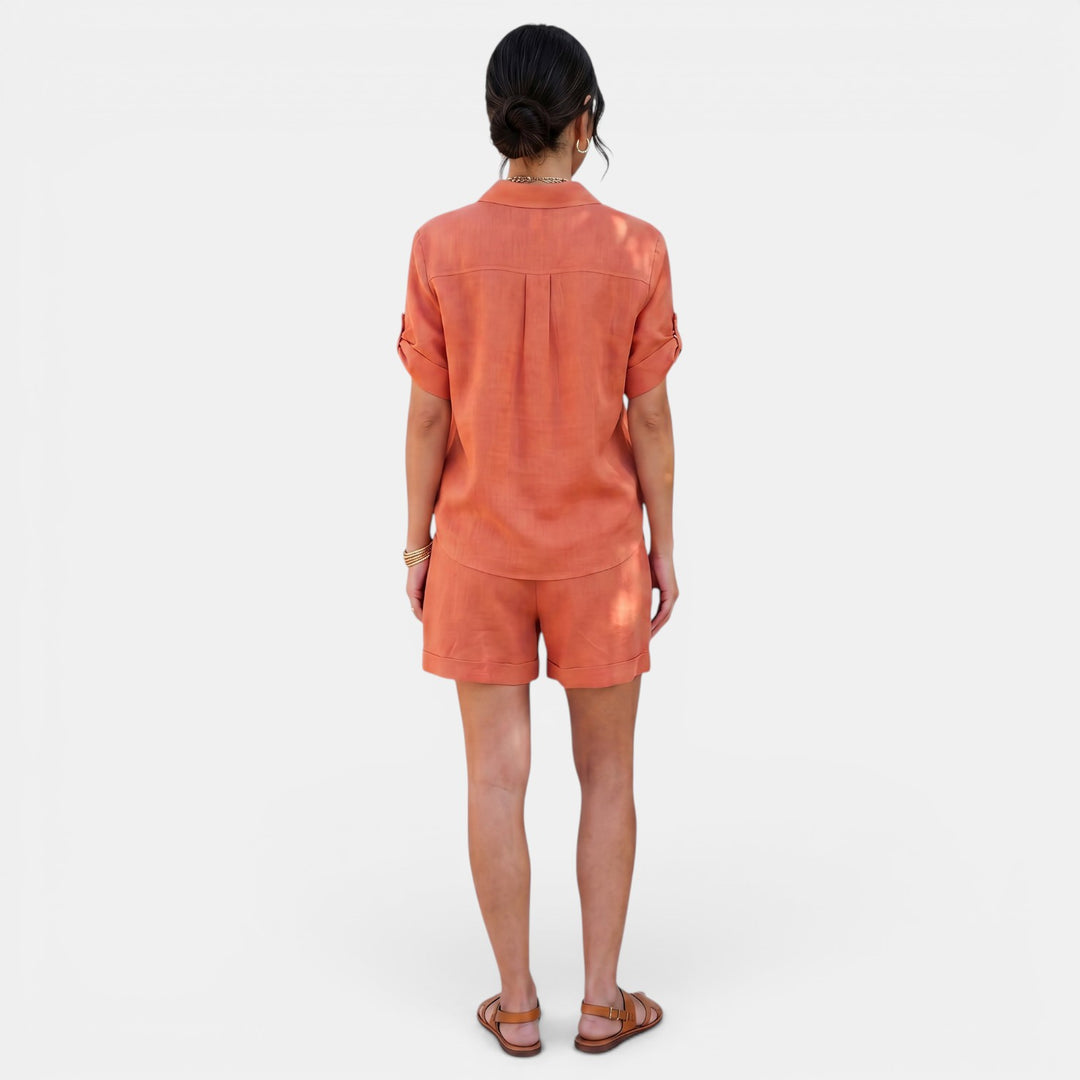 Conjunto Mujer Camisa Lino Algodón Manga Media