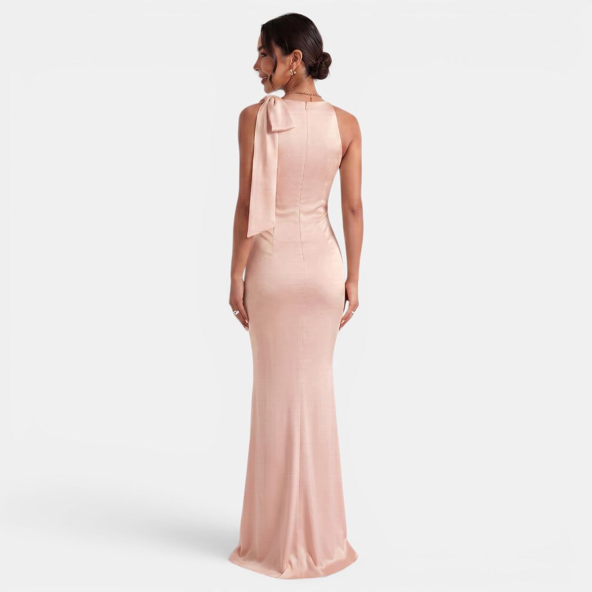 Women's One-Shoulder Maxi Dress - Fitted Sleeveless, Bow Detail