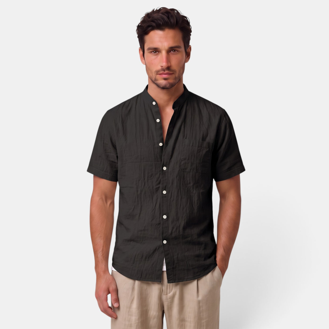 Camisa de Lino Hombre Cuello Mao Manga Corta Casual Verano