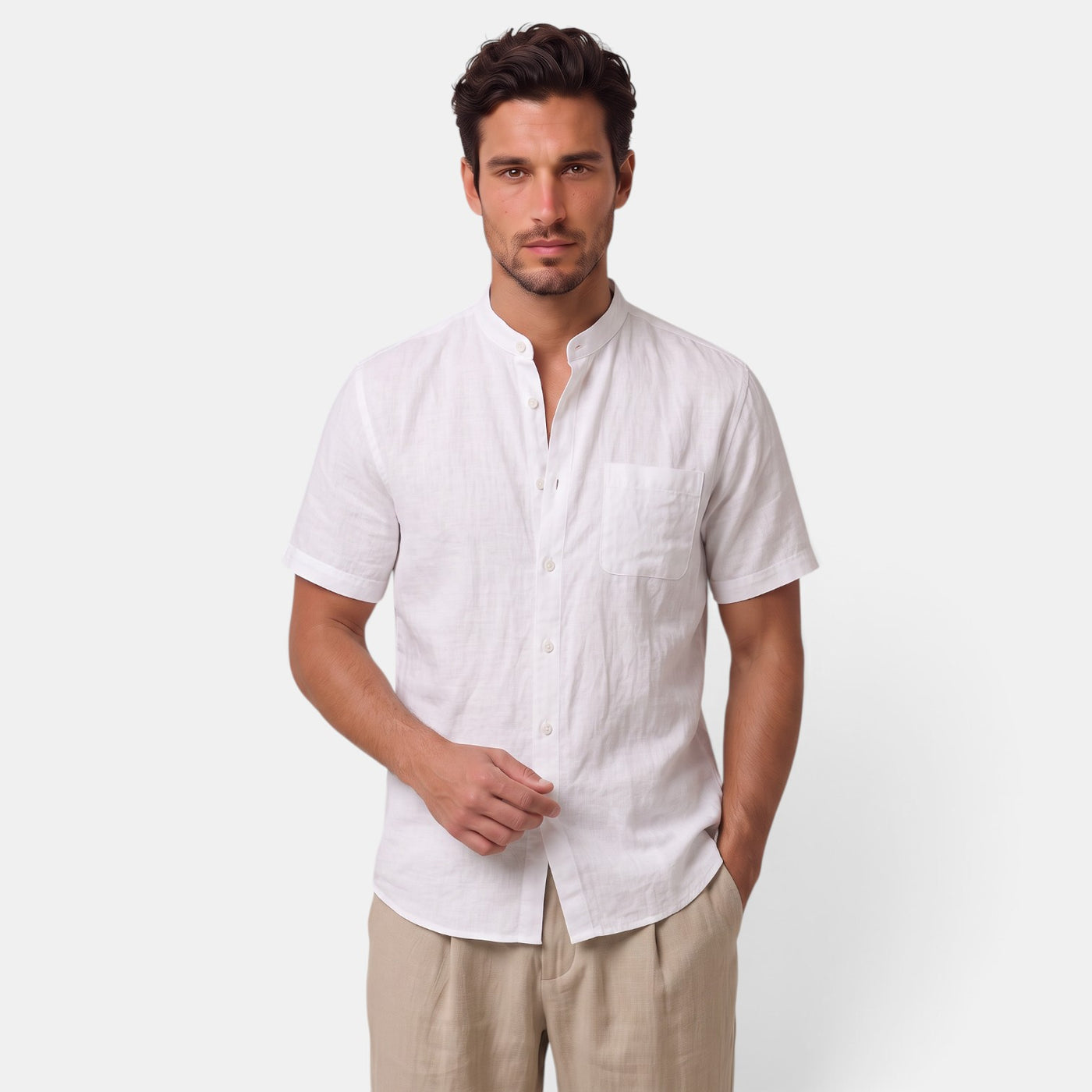 Camisa de Lino Hombre Cuello Mao Manga Corta Casual Verano