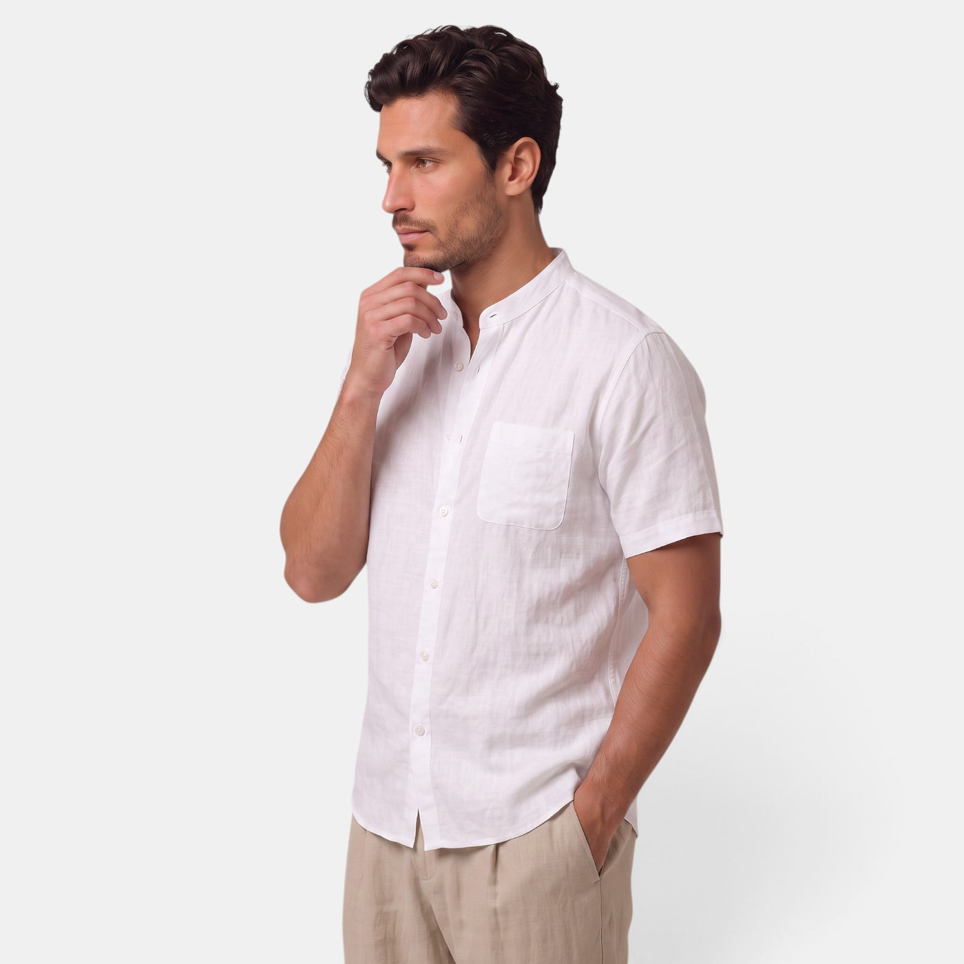 Camisa de Lino Hombre Cuello Mao Manga Corta Casual Verano