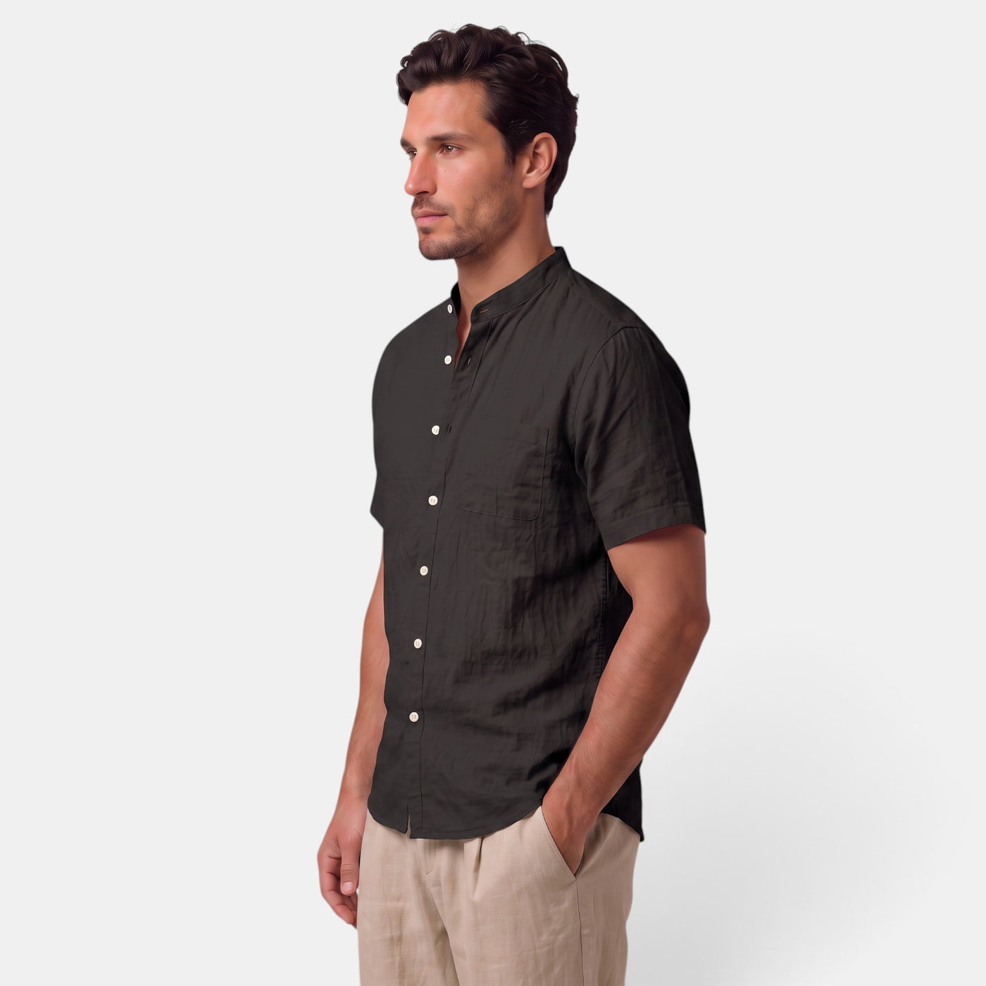 Camisa de Lino Hombre Cuello Mao Manga Corta Casual Verano