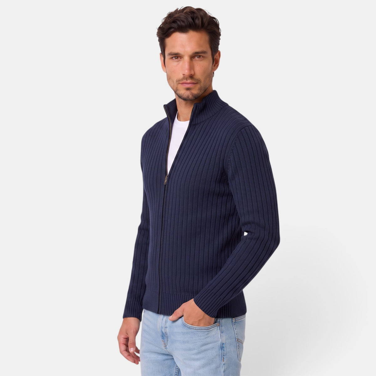 Men's Ribbed Knit Zip-Up Cardigan - High Neck Sweater Jacket