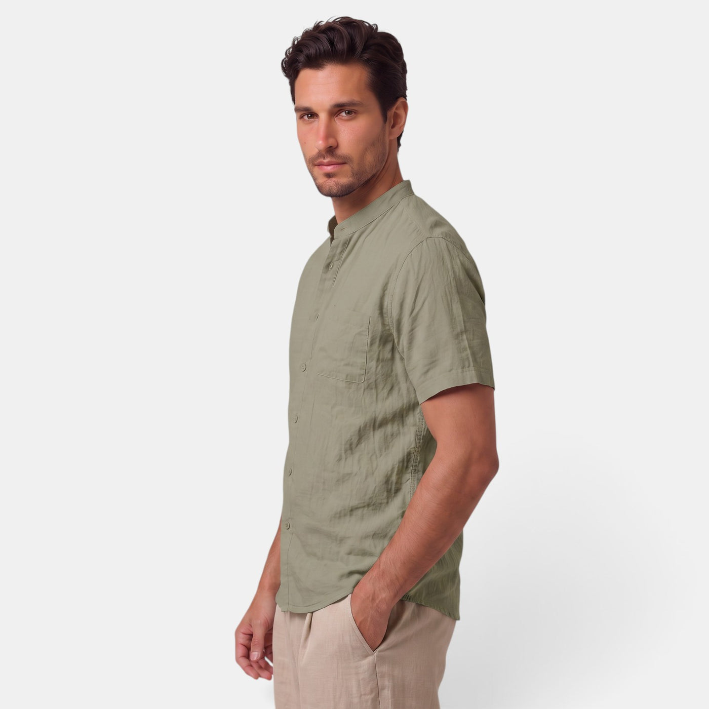 Camisa de Lino Hombre Cuello Mao Manga Corta Casual Verano