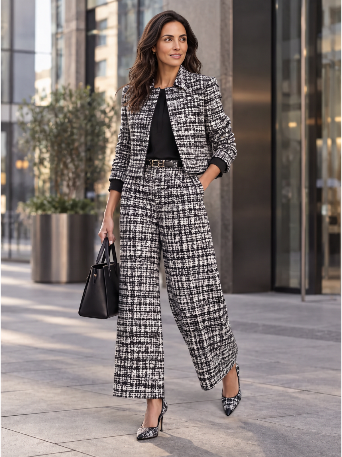 Women's Plaid Wide-Leg Pants Set