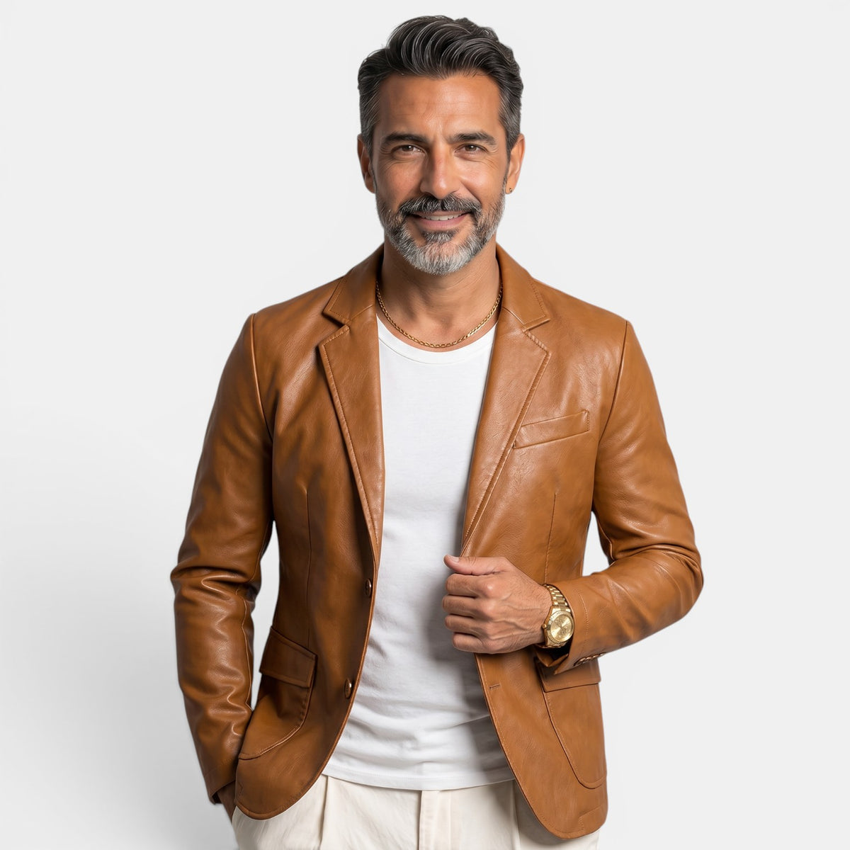 Men's Faux Leather Blazer Jacket - Notch Lapel, Lightweight