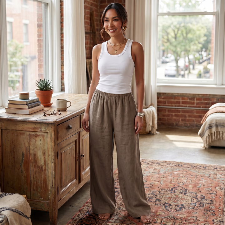 Pantalón Ancho Mujer Lino Algodón Verano