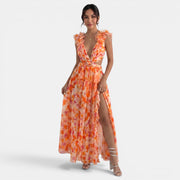 Floral Maxi Ruffle V-Neck Dress
