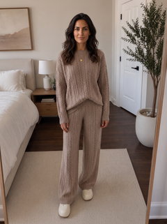 Women's Cable Knit Sweater and Wide Leg Pants Set - 2-Piece Outfit