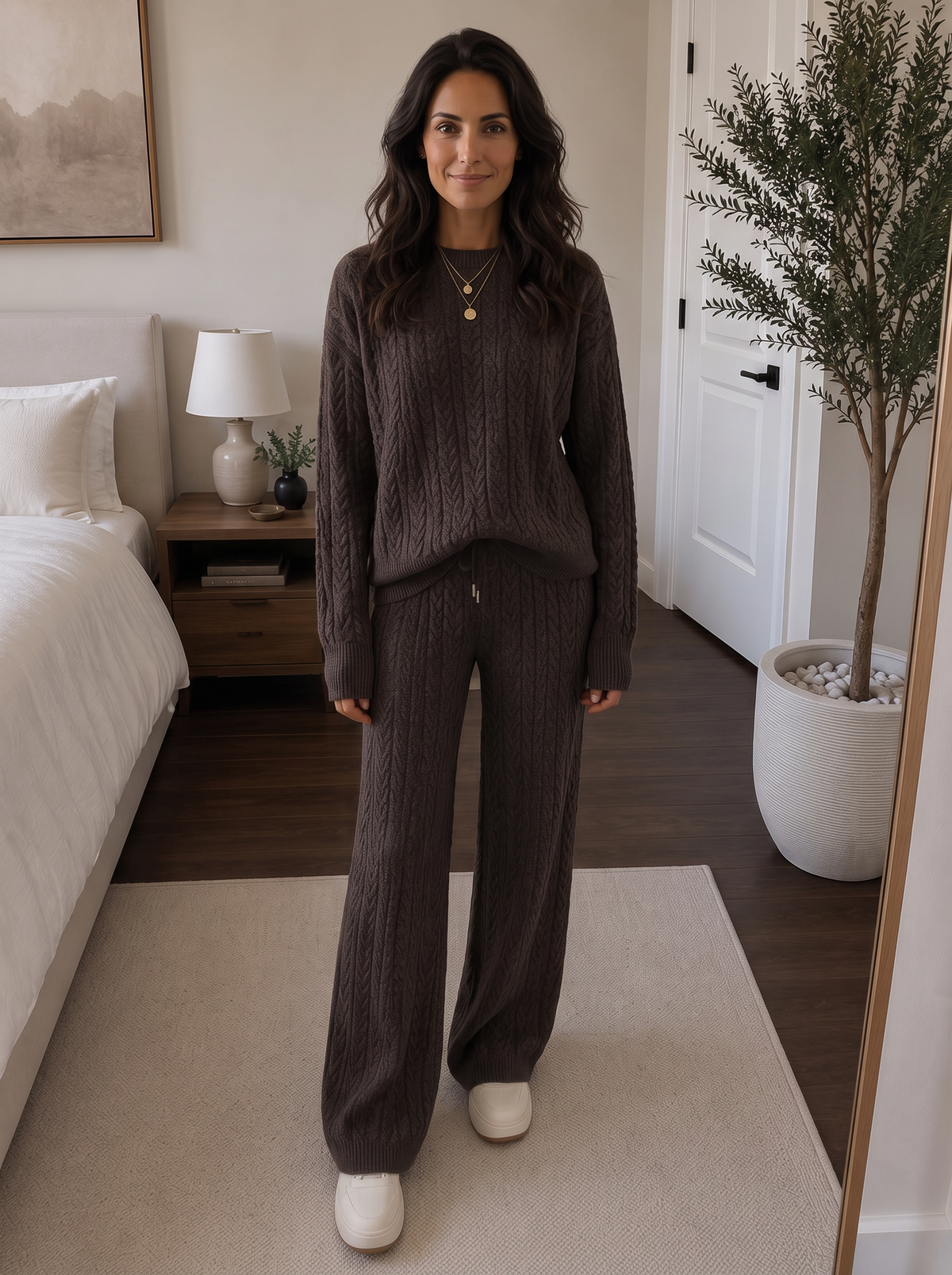 Women's Cable Knit Sweater and Wide Leg Pants Set - 2-Piece Outfit