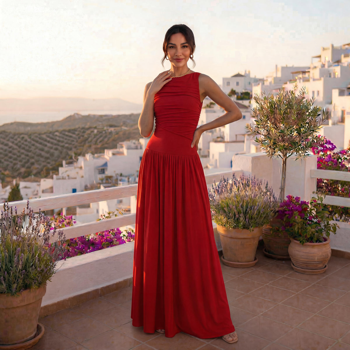 Vestido Ajustado Sin Mangas Plisado Elegante Color Sólido Mujer