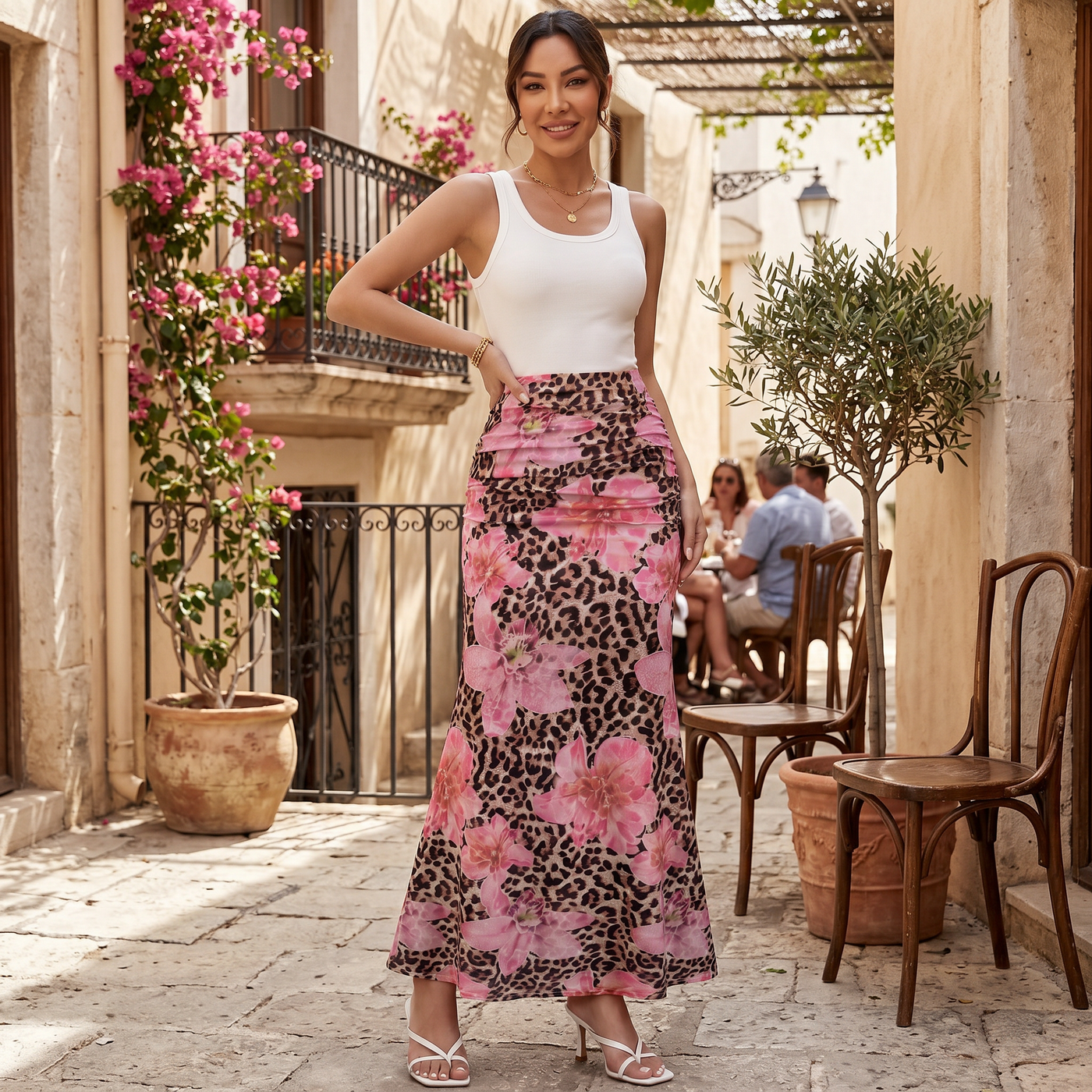 Long Summer Leopard Floral Skirt