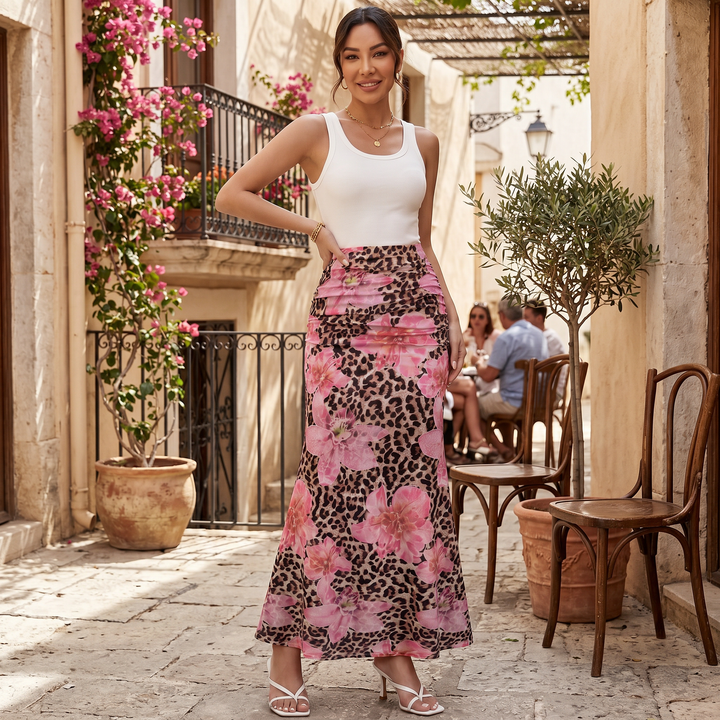 Long Summer Leopard Floral Skirt