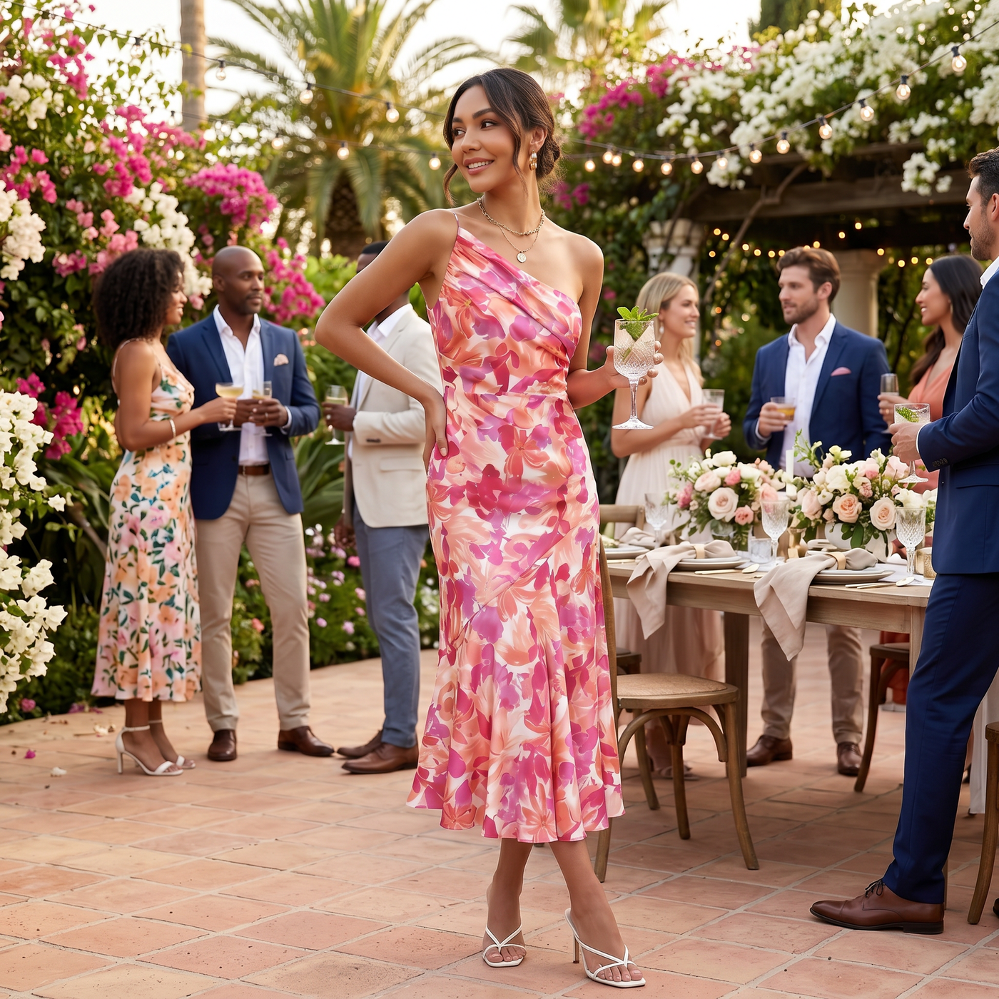 Pink Floral Midi Party Dress