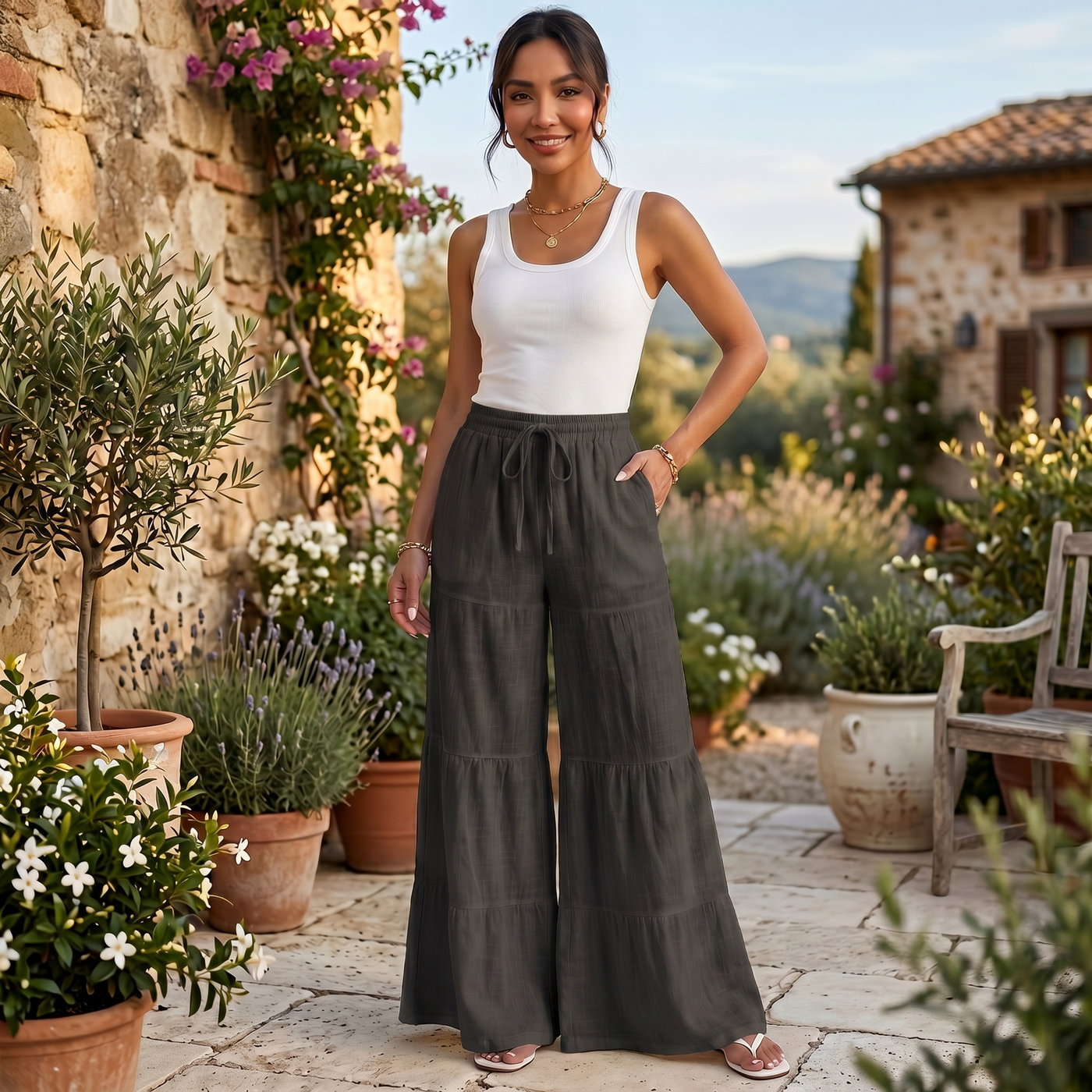 Women's Linen Trousers with Wide Drawstring
