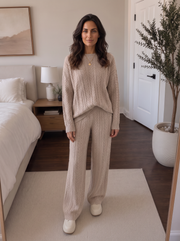Conjunto Mujer de Punto 2 Piezas con Jersey Trenzado y Pantalón Ancho